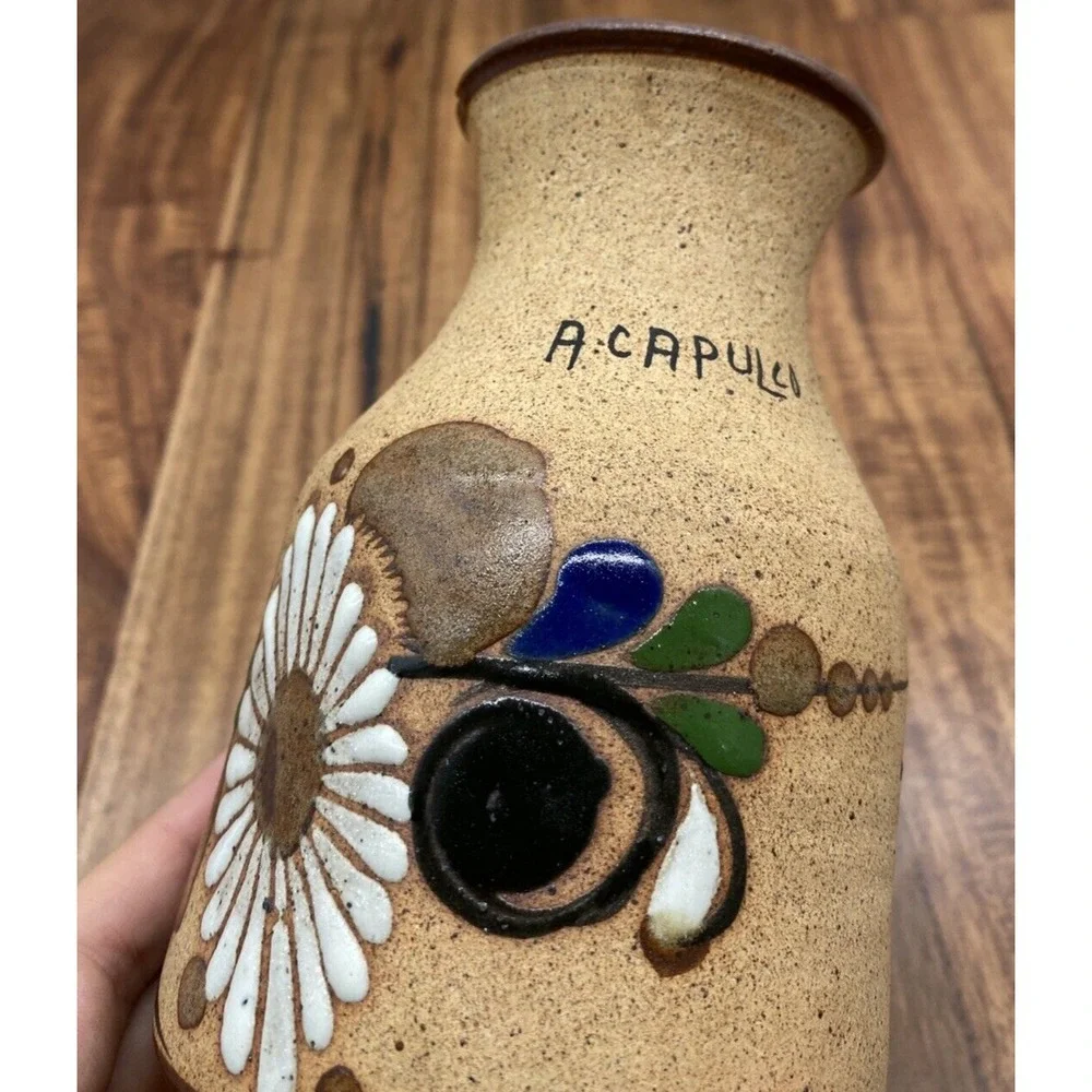 Ken Edwards Tonala Bud Vase Mexico Pottery Acapulco El Palomar Bird Floral 6in